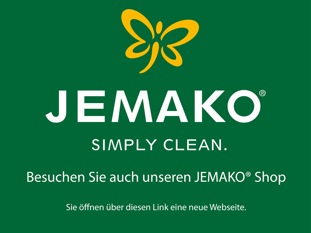 Das Schmetterling Logo von der Firma JEMAKO mit Logo. Ein Schriftzug: Besuchen Sie auch unseren JEMAKO Shop, dieses Bild dient als Link zum externen onlineshop von JEMAKO Reinigungsmittel.